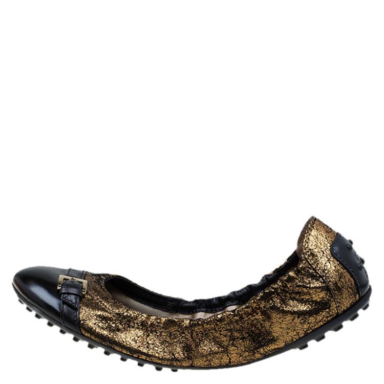 Pre Owned Tod's Metallic Gold and Black Leather Cap Toe Buckle Ballet Flats Size 38