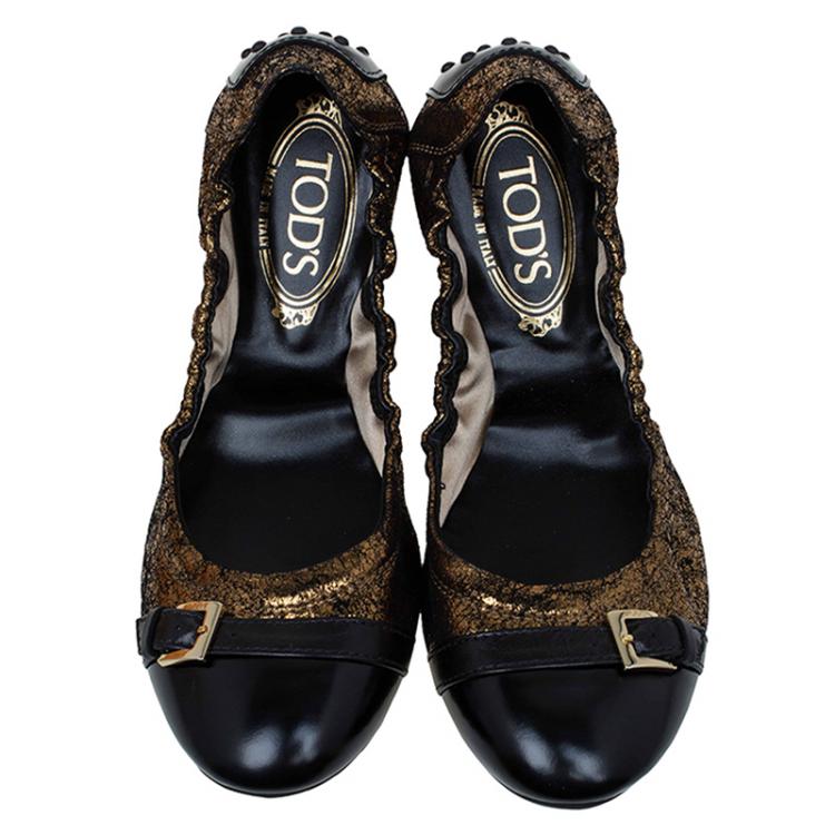 Pre Owned Tod's Metallic Gold and Black Leather Cap Toe Buckle Ballet Flats Size 38
