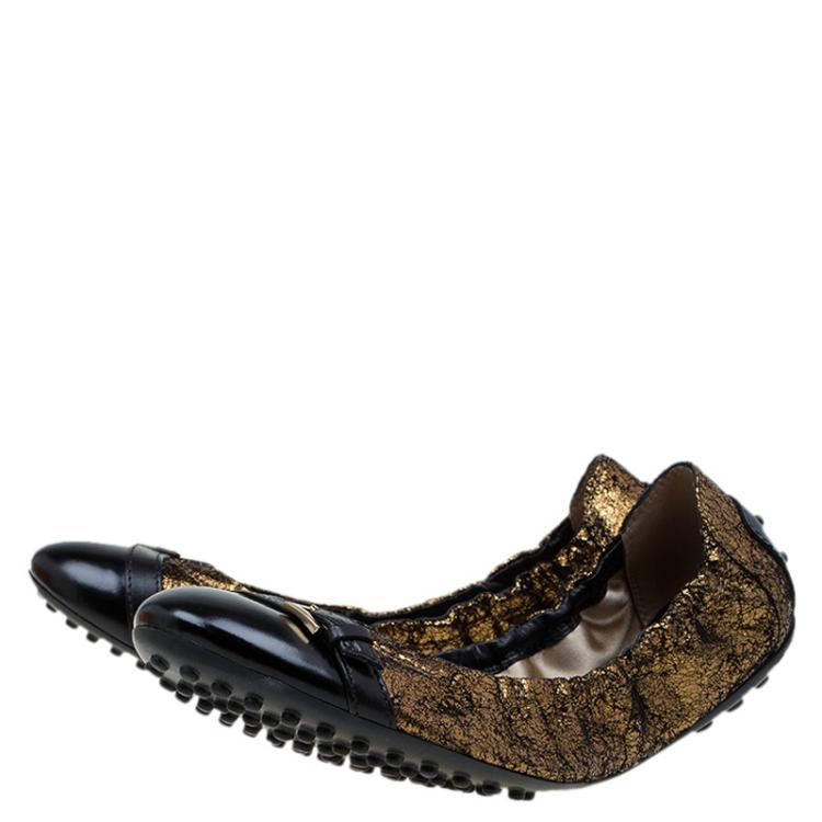 Pre Owned Tod's Metallic Gold and Black Leather Cap Toe Buckle Ballet Flats Size 38