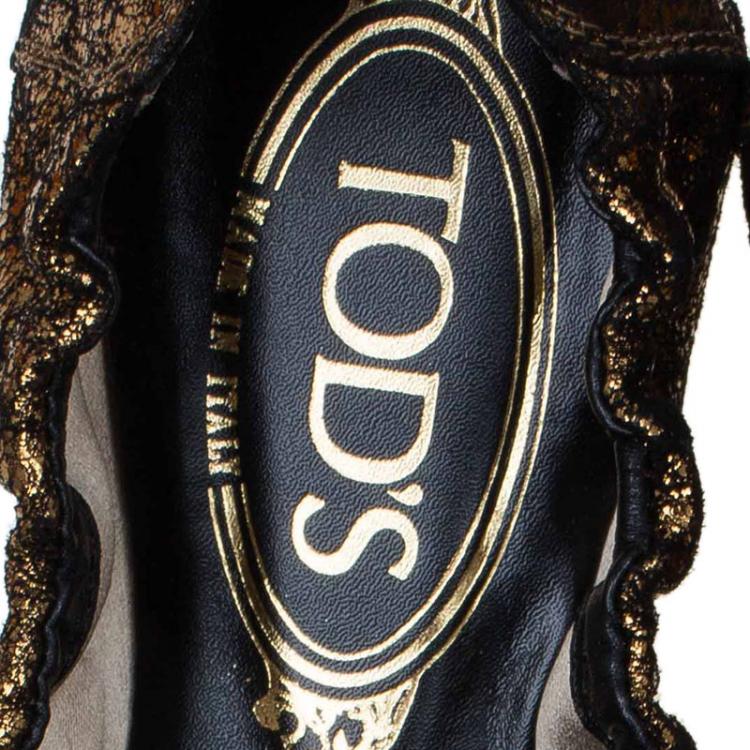 Pre Owned Tod's Metallic Gold and Black Leather Cap Toe Buckle Ballet Flats Size 38