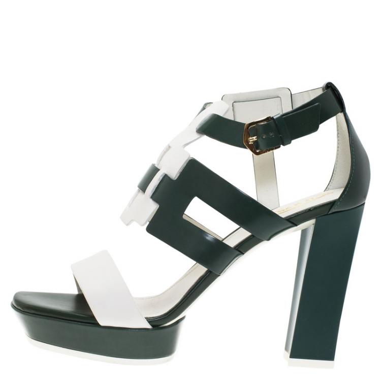 Pre Owned Tod's Green and White Leather Cutout Platform Sandals Size 38