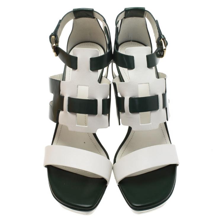 Pre Owned Tod's Green and White Leather Cutout Platform Sandals Size 38