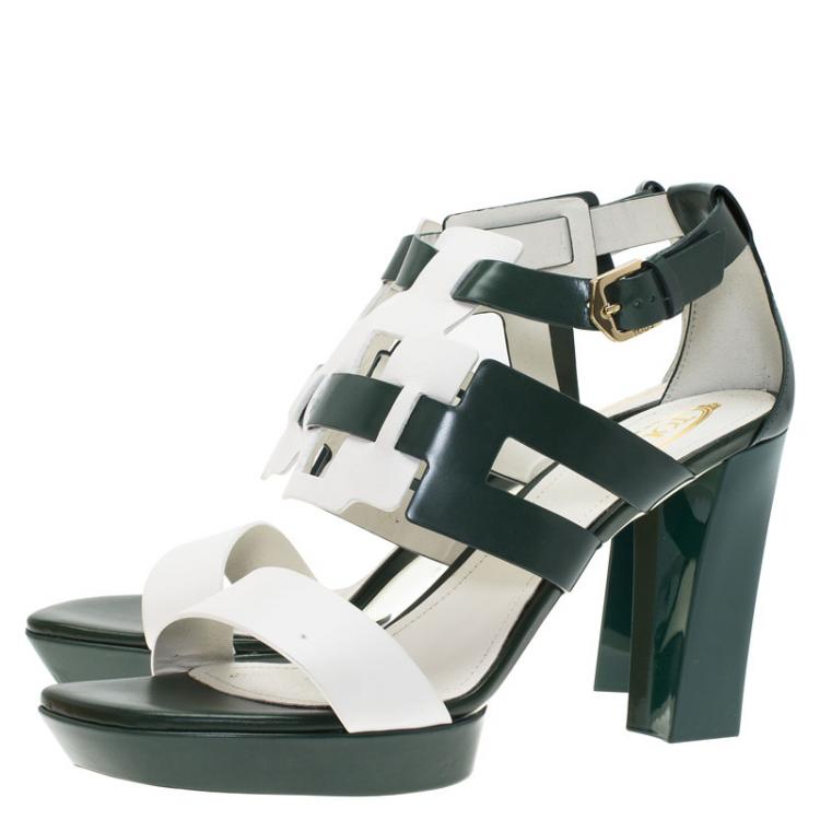 Pre Owned Tod's Green and White Leather Cutout Platform Sandals Size 38