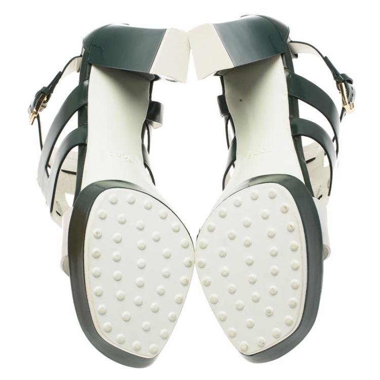 Pre Owned Tod's Green and White Leather Cutout Platform Sandals Size 38