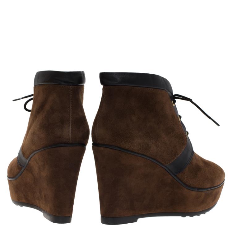 Pre Owned Tod's Brown Suede and Black Leather Lace Up Wedge Ankle Boots Size 36