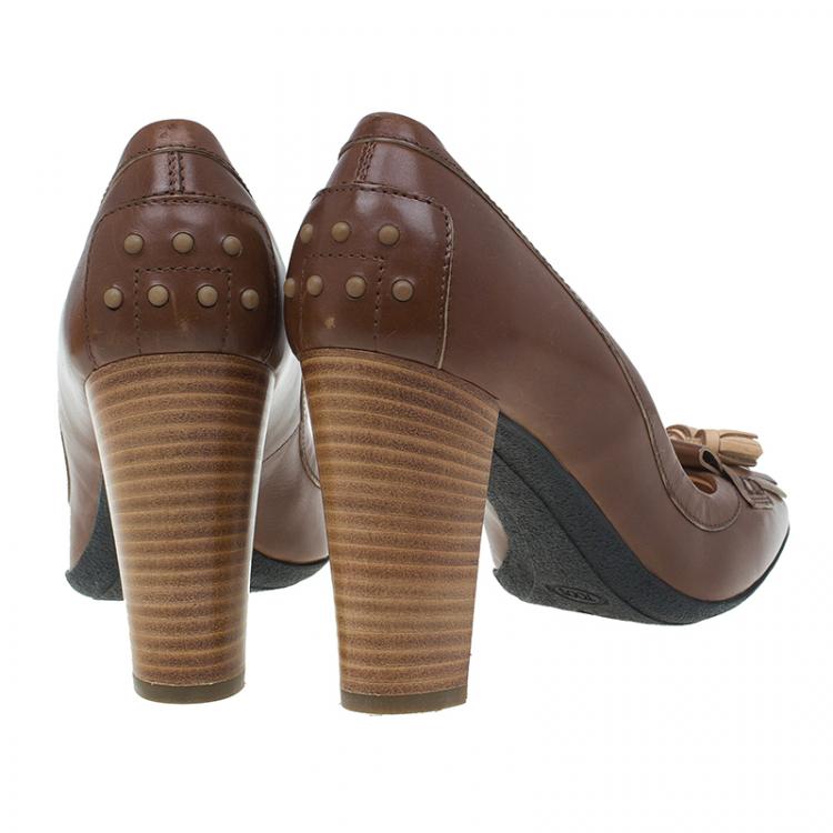 Pre Owned Tod's Brown Leather Fringe Loafer Pumps Size 40