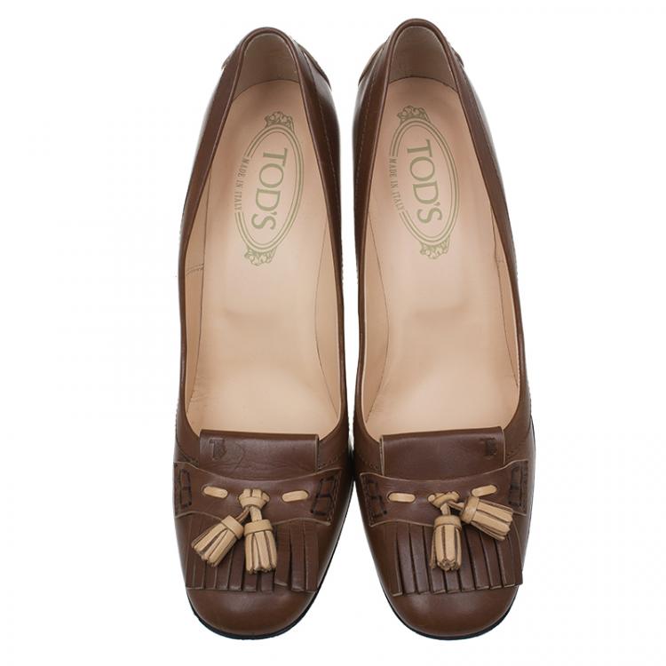 Pre Owned Tod's Brown Leather Fringe Loafer Pumps Size 40