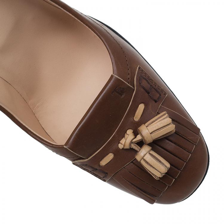 Pre Owned Tod's Brown Leather Fringe Loafer Pumps Size 40