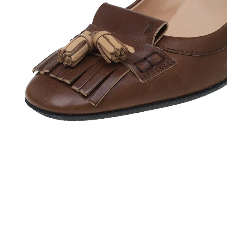 Pre Owned Tod's Brown Leather Fringe Loafer Pumps Size 40