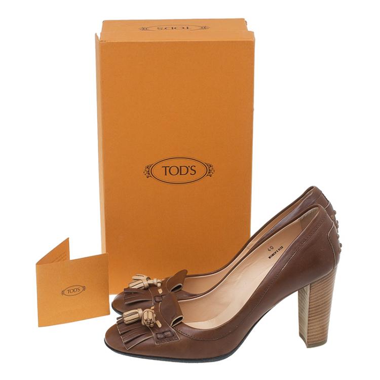 Pre Owned Tod's Brown Leather Fringe Loafer Pumps Size 40