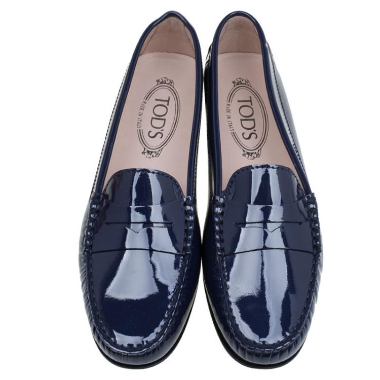 Pre Owned Tod's Blue Patent Leather Penny Loafers Size 38.5