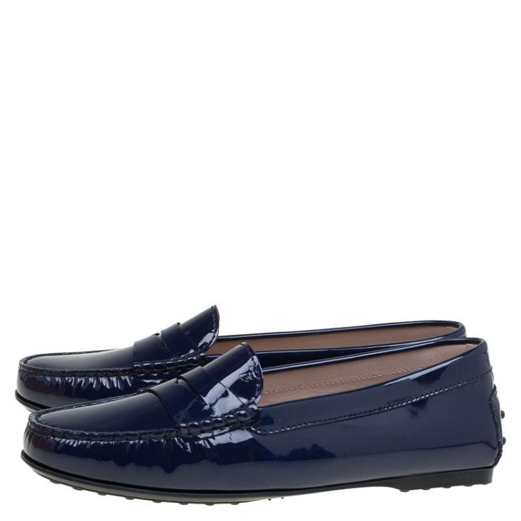 Pre Owned Tod's Blue Patent Leather Penny Loafers Size 38.5