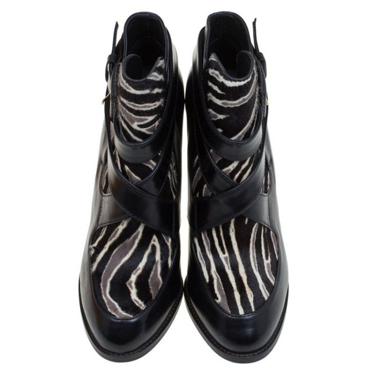Pre Owned Tod's Black Leather and Zebra Print Hair On Ankle Boots Size 37