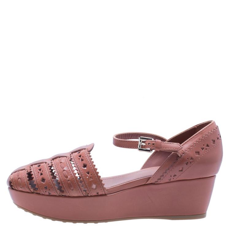 Pre Owned Tod's Brown Cutout Leather Ankle Strap Wedge Sandals Size 38
