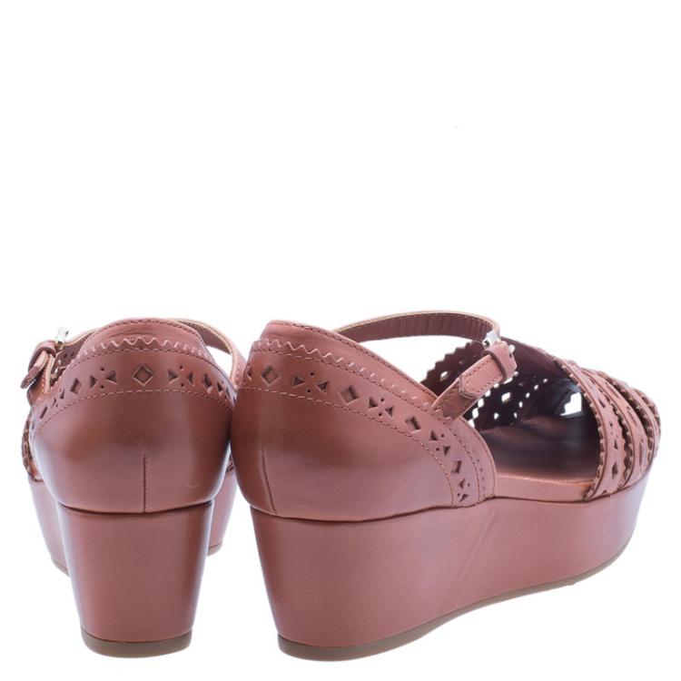 Pre Owned Tod's Brown Cutout Leather Ankle Strap Wedge Sandals Size 38