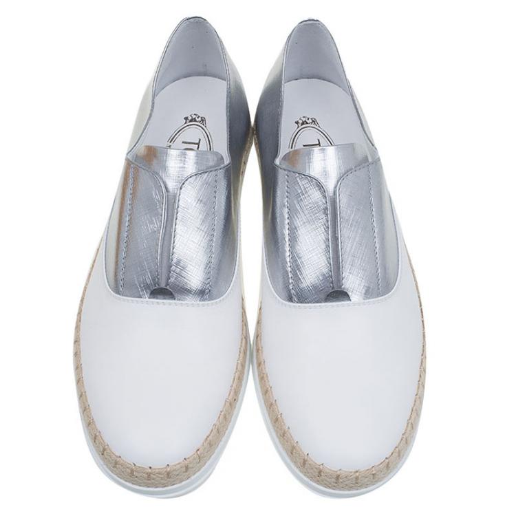 Pre Owned Tod's Silver and White Leather Francesina Slip On Espadrille Sneakers Size 39.5