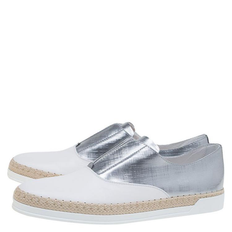 Pre Owned Tod's Silver and White Leather Francesina Slip On Espadrille Sneakers Size 39.5