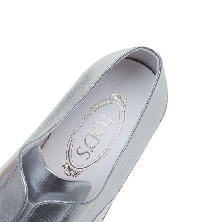 Pre Owned Tod's Silver and White Leather Francesina Slip On Espadrille Sneakers Size 39.5