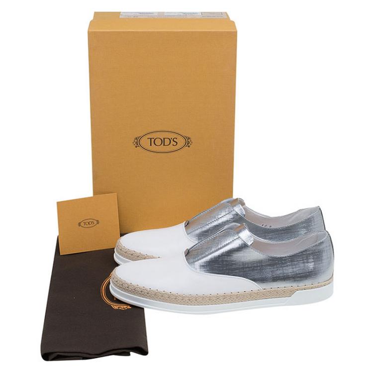 Pre Owned Tod's Silver and White Leather Francesina Slip On Espadrille Sneakers Size 39.5