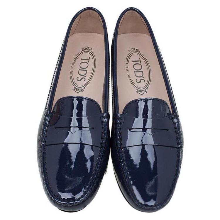 Pre Owned Tod's Blue Patent Penny Loafers Size 38.5