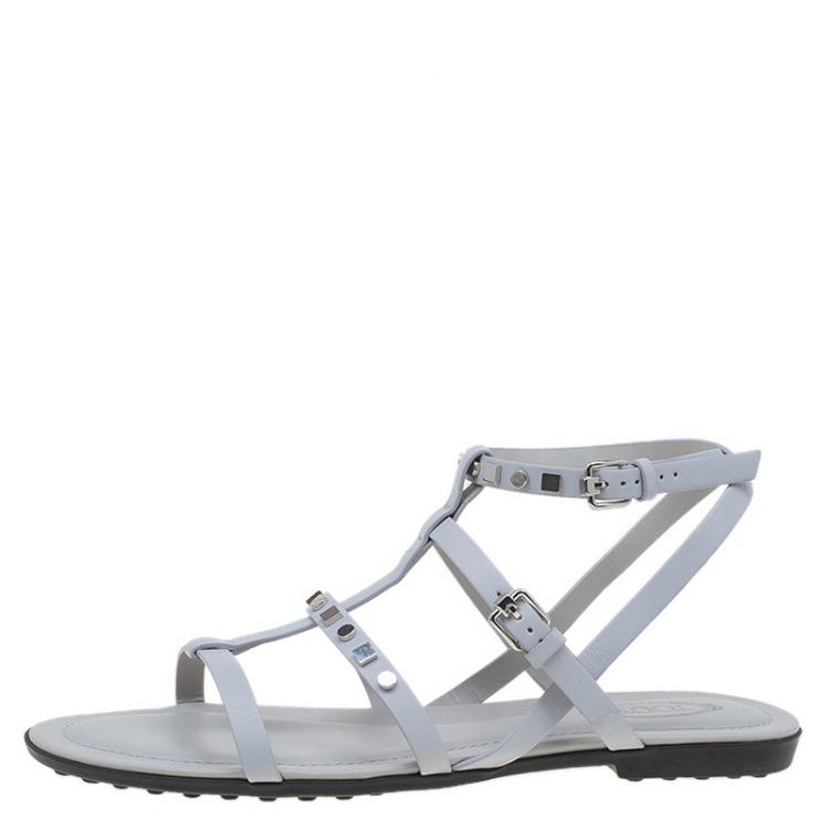 Pre Owned Tod's Grey Leather Studded Strappy Sandals Size 37.5