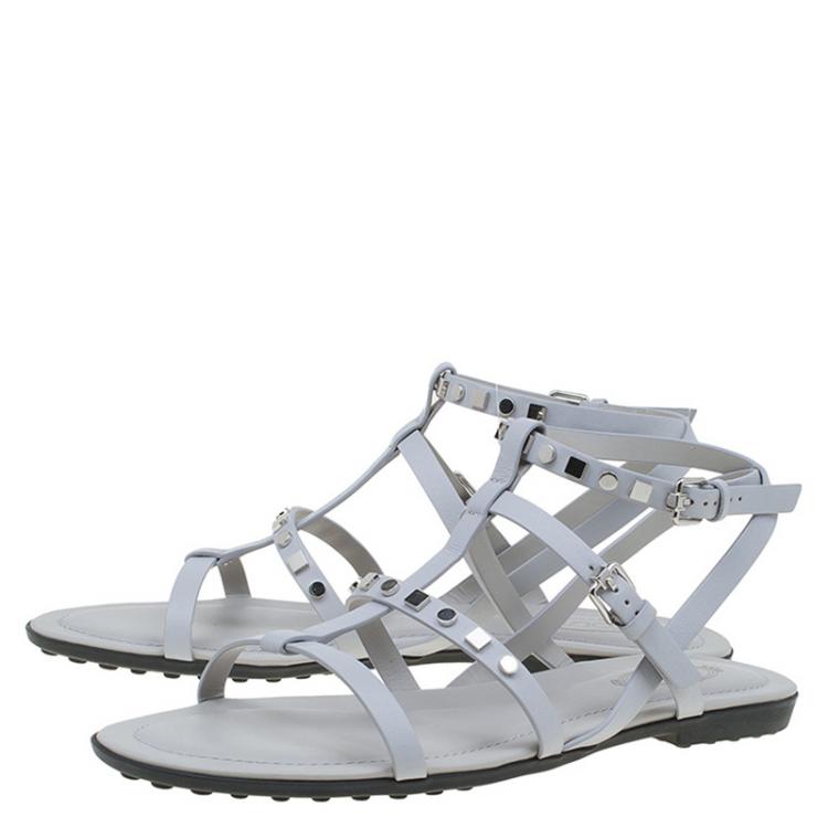 Pre Owned Tod's Grey Leather Studded Strappy Sandals Size 37.5