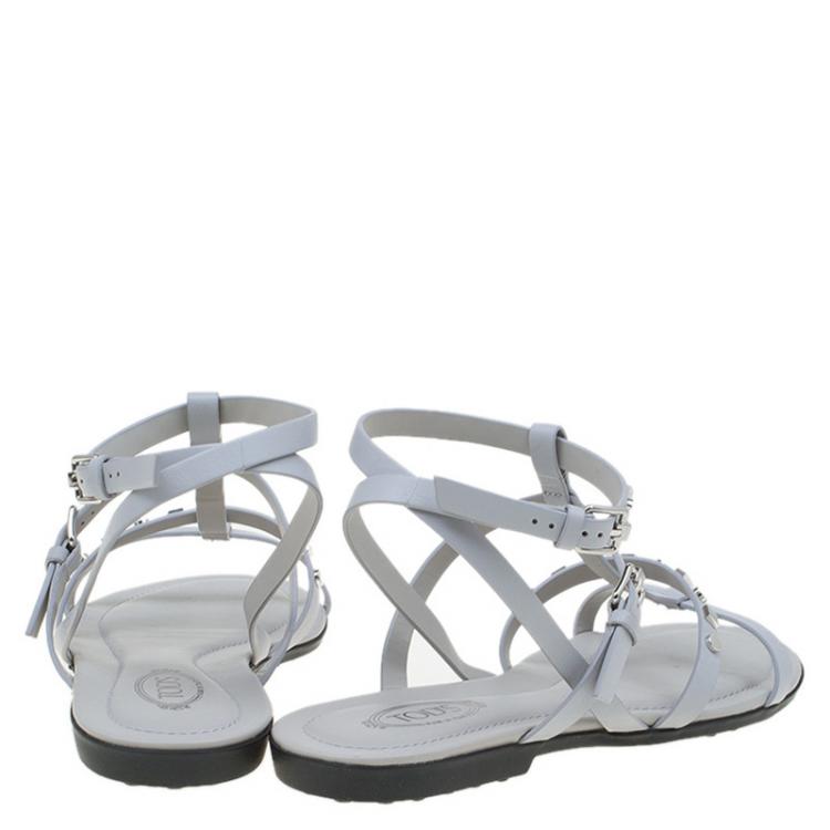 Pre Owned Tod's Grey Leather Studded Strappy Sandals Size 37.5