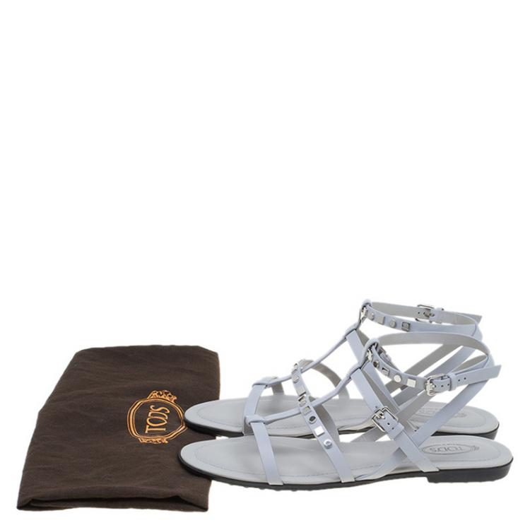 Pre Owned Tod's Grey Leather Studded Strappy Sandals Size 37.5