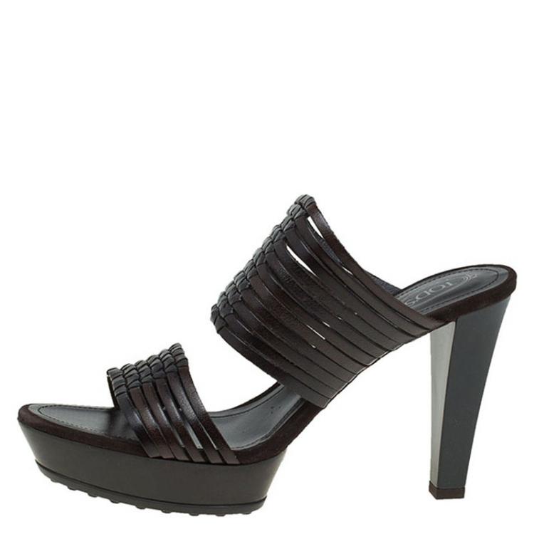 Pre Owned Tod's Brown Woven Strappy Leather Slides Size 39