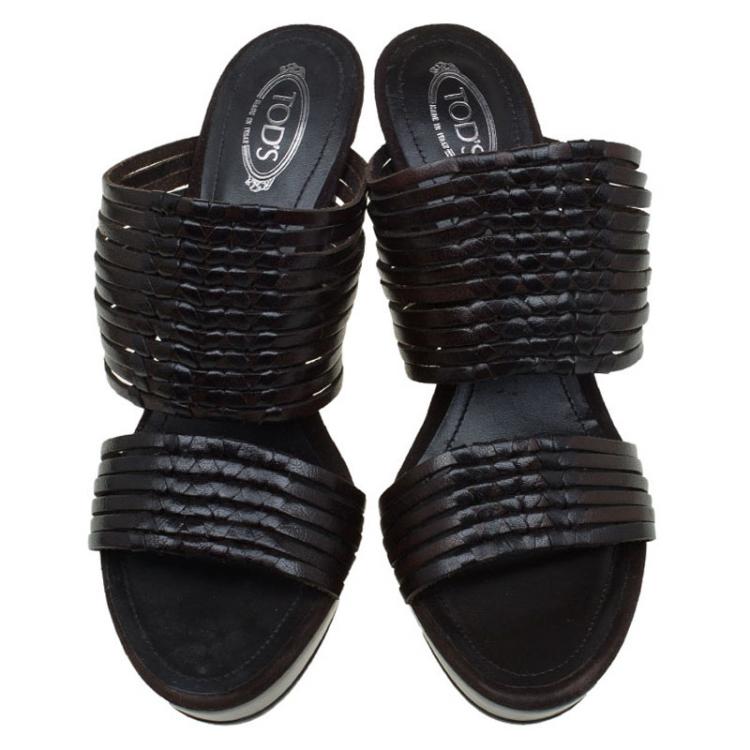 Pre Owned Tod's Brown Woven Strappy Leather Slides Size 39