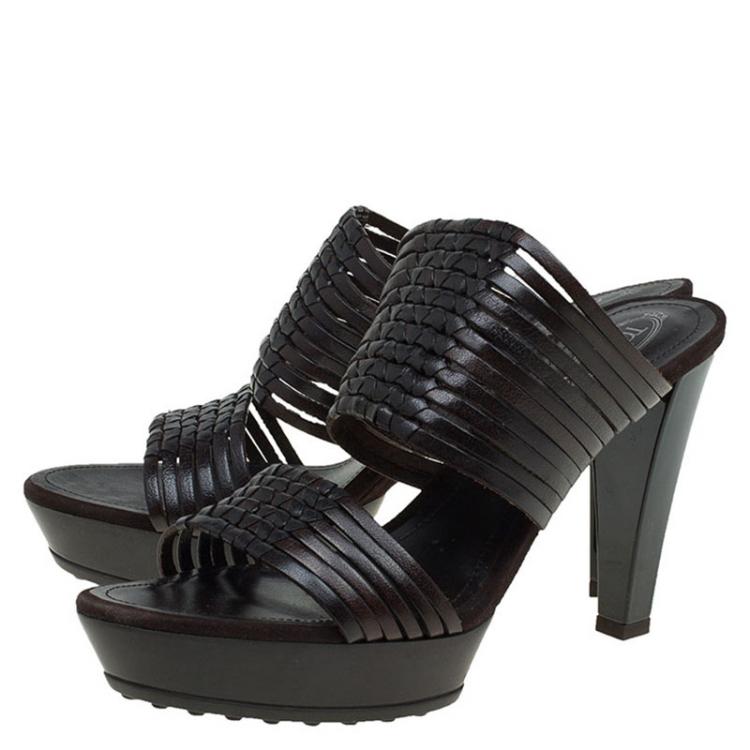 Pre Owned Tod's Brown Woven Strappy Leather Slides Size 39