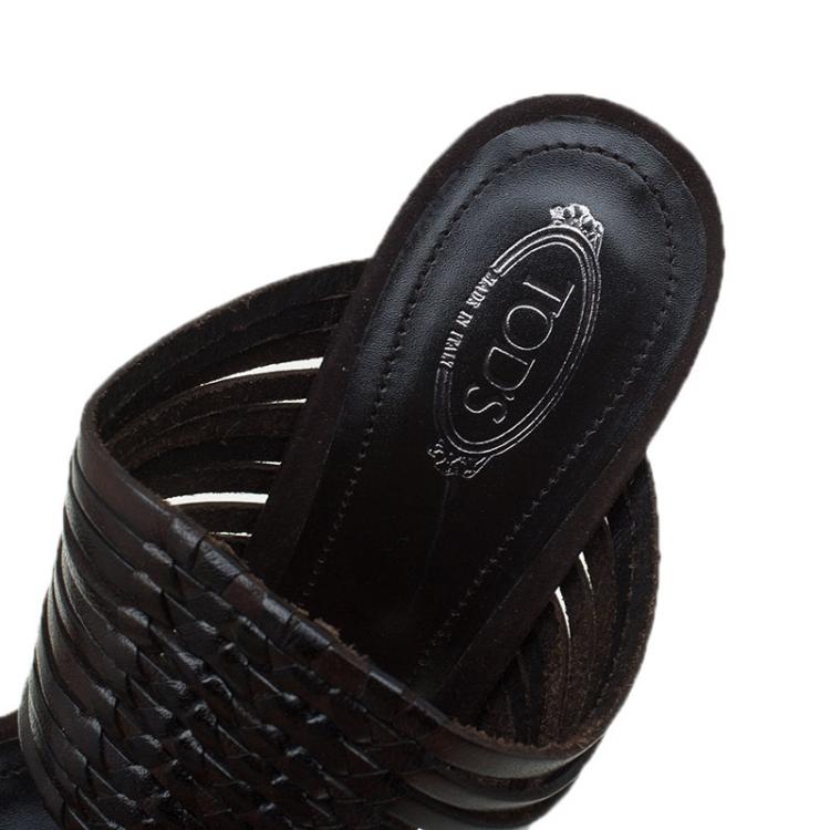 Pre Owned Tod's Brown Woven Strappy Leather Slides Size 39