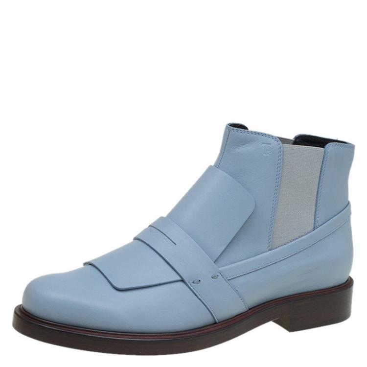 Pre Owned Tod's Powder Blue Leather Oxford Ankle Boots Size 39