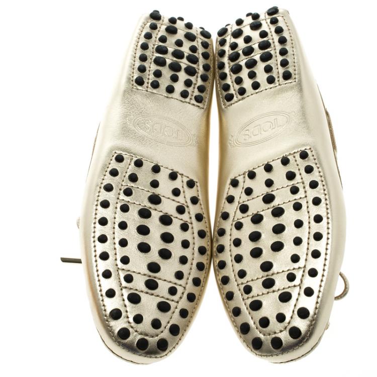 Pre Owned Tod's Metallic Gold Bow Detail Driving Loafers Size 36.5