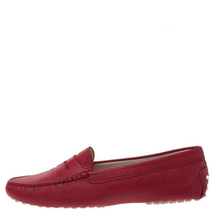 Pre Owned Tod's Red Leather Penny Loafers Size 36.5