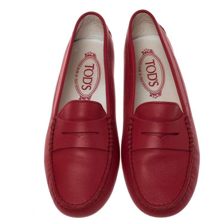Pre Owned Tod's Red Leather Penny Loafers Size 36.5