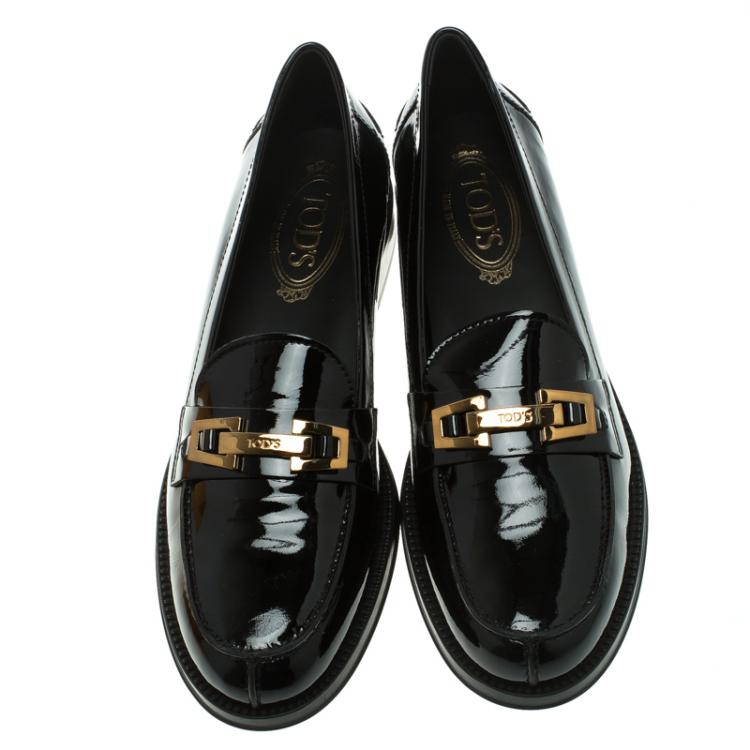 Pre Owned Tod's Black Patent Leather Buckle Loafers Size 40