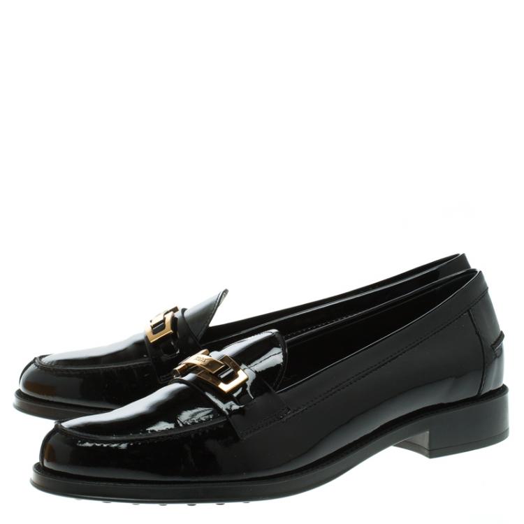 Pre Owned Tod's Black Patent Leather Buckle Loafers Size 40