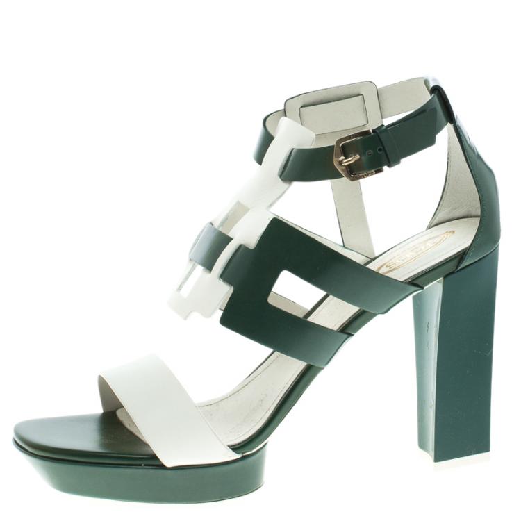 Pre Owned Tod's Green and White Leather Cutout Platform Sandals Size 40