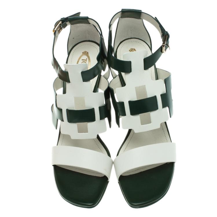 Pre Owned Tod's Green and White Leather Cutout Platform Sandals Size 40