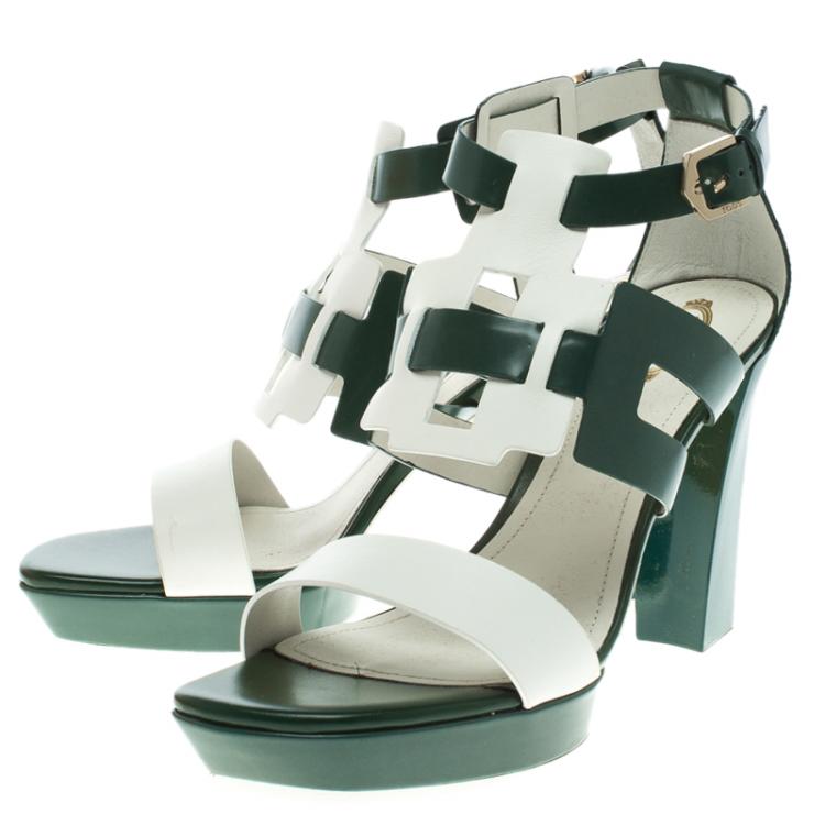 Pre Owned Tod's Green and White Leather Cutout Platform Sandals Size 40