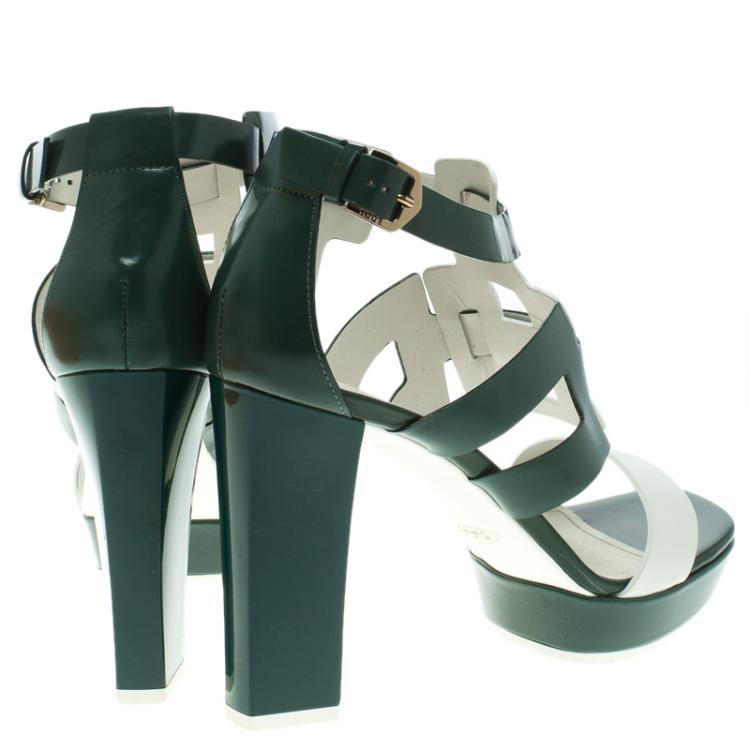 Pre Owned Tod's Green and White Leather Cutout Platform Sandals Size 40