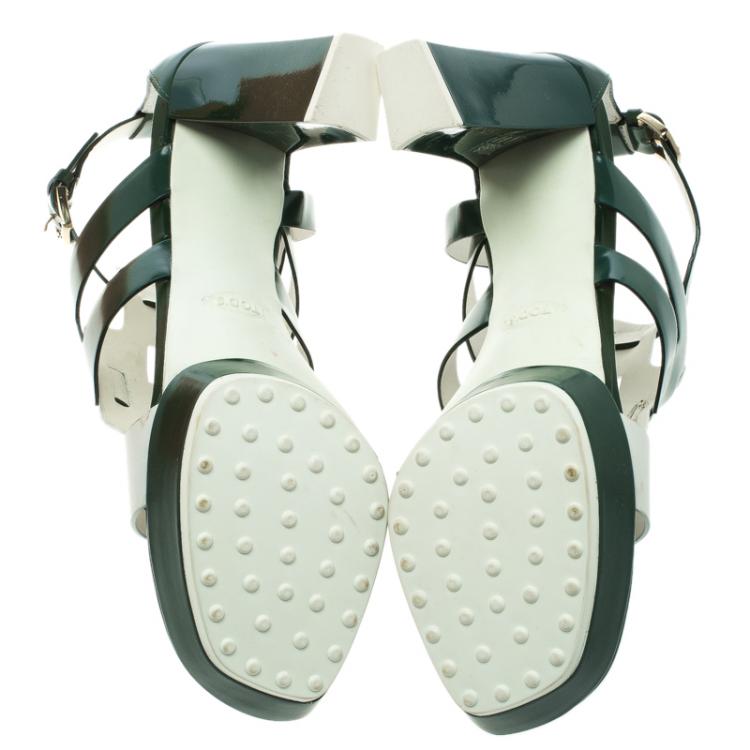 Pre Owned Tod's Green and White Leather Cutout Platform Sandals Size 40