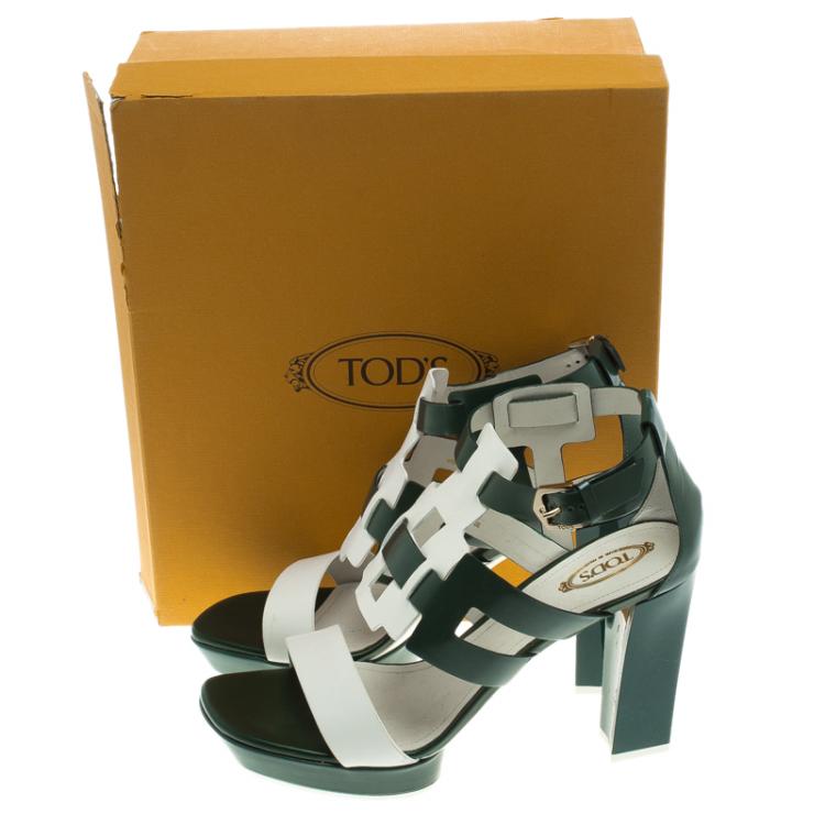 Pre Owned Tod's Green and White Leather Cutout Platform Sandals Size 40