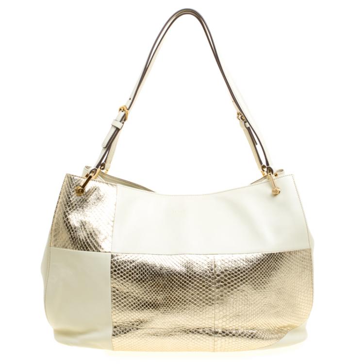 Pre Owned Tod's Cream/Gold Leather and Python Horse Block Grand Shopping Tote
