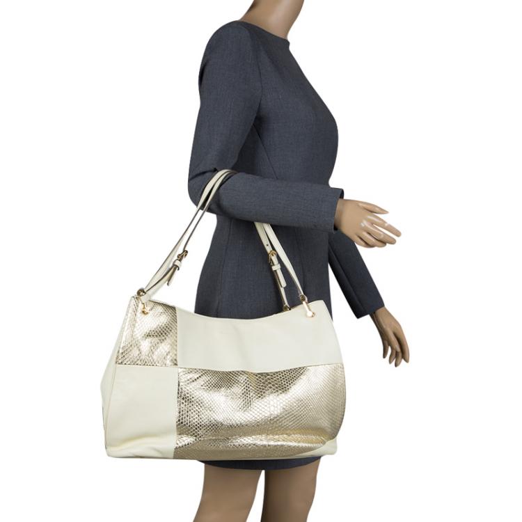 Pre Owned Tod's Cream/Gold Leather and Python Horse Block Grand Shopping Tote