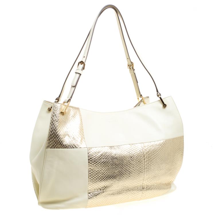 Pre Owned Tod's Cream/Gold Leather and Python Horse Block Grand Shopping Tote