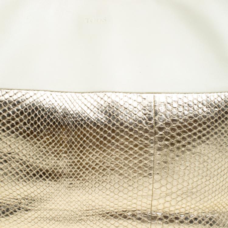 Pre Owned Tod's Cream/Gold Leather and Python Horse Block Grand Shopping Tote