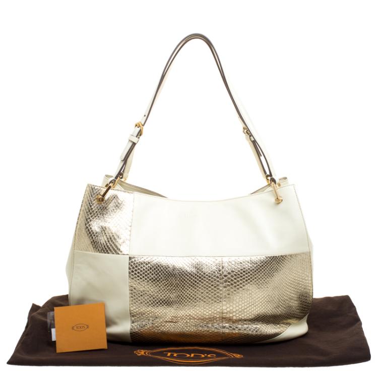 Pre Owned Tod's Cream/Gold Leather and Python Horse Block Grand Shopping Tote