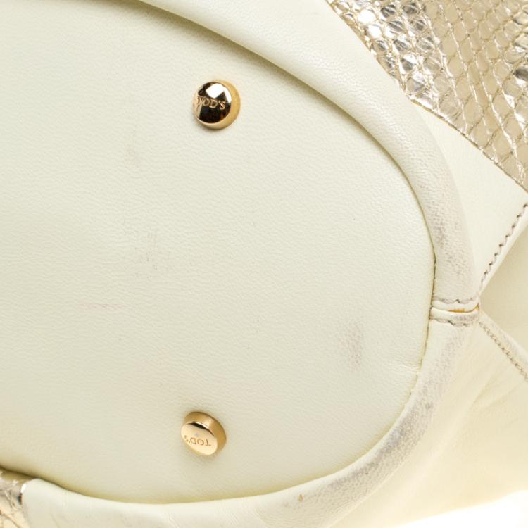 Pre Owned Tod's Cream/Gold Leather and Python Horse Block Grand Shopping Tote